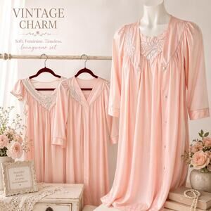 Vintage Shadowline Peignoir Set Small Pink Nylon Floral Appliqué Nightgown Robe
